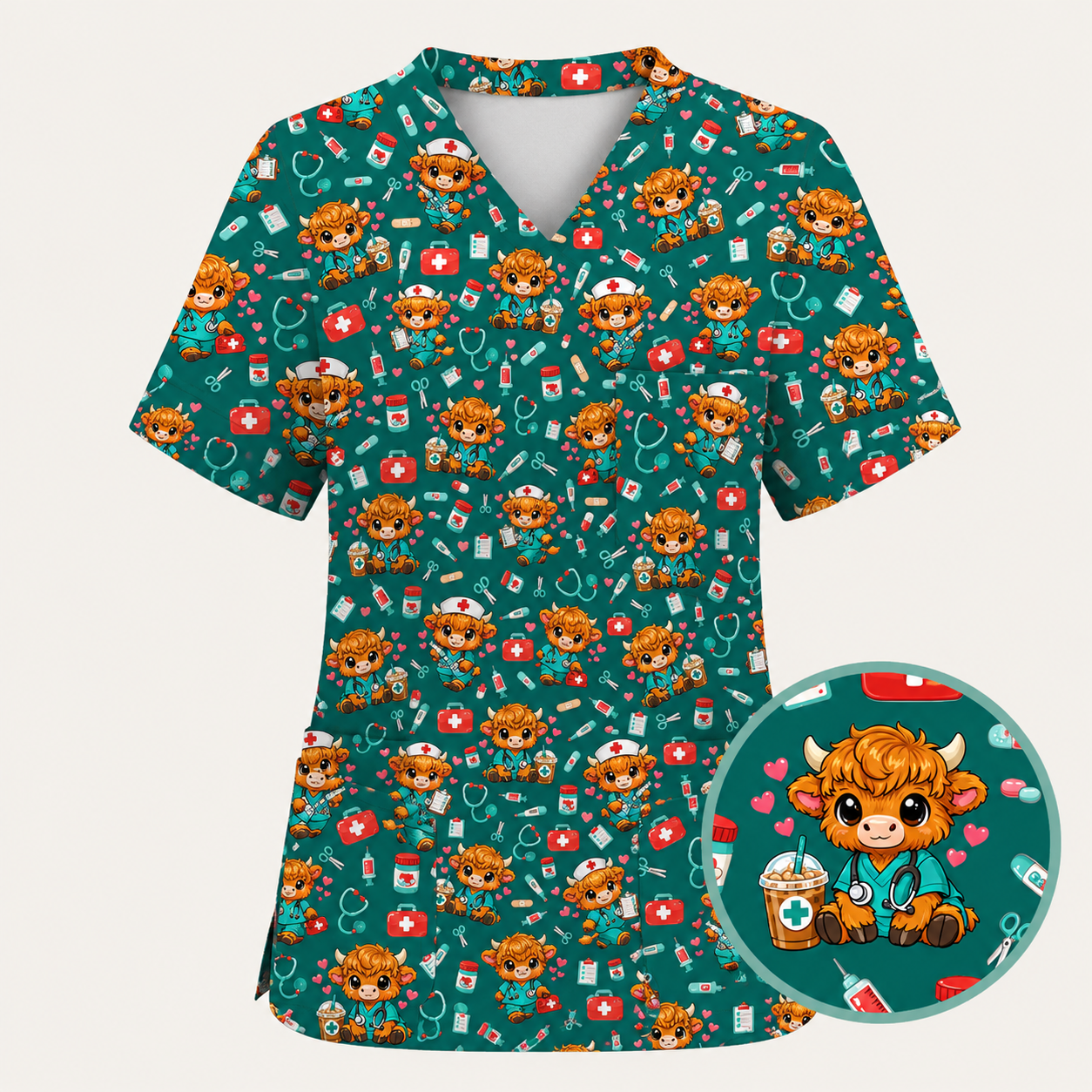 Cute Highland Cow Nurse Scrub Top, Kawaii Medical Pattern Shirt, Breathable Fabrics Nursing Uniform