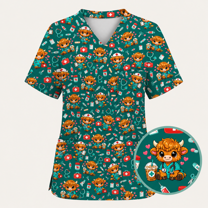 Cute Highland Cow Nurse Scrub Top, Kawaii Medical Pattern Shirt, Breathable Fabrics Nursing Uniform