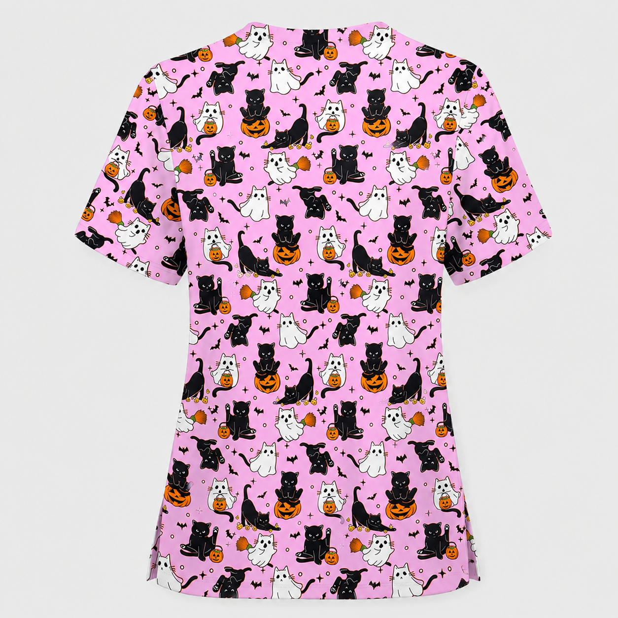 Halloween Cat Ghost Pumpkin Pattern Scrub Set, Scrub Pants and V Neck Top, Breathable Fabrics Nursing Uniform