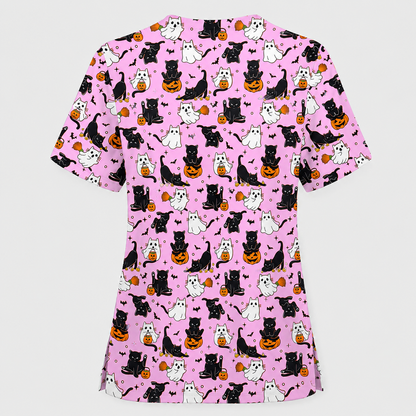 Halloween Cat Ghost Pumpkin Pattern Scrub Set, Scrub Pants and V Neck Top, Breathable Fabrics Nursing Uniform
