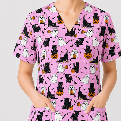 Halloween Cat Ghost Pumpkin Pattern Scrub Set, Scrub Pants and V Neck Top, Breathable Fabrics Nursing Uniform