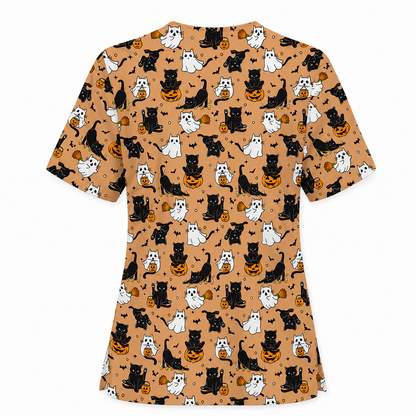 Halloween Cat Ghost Pumpkin Pattern Scrub Set, Scrub Pants and V Neck Top, Breathable Fabrics Nursing Uniform