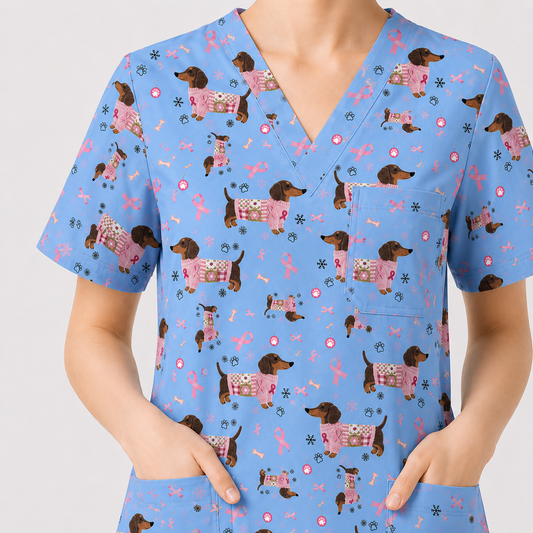 Pink Dachshund Breast Cancer Scrub Top, Puppy Dog Ribbon Nurse Shirt, Wiener Support Fight Cancer Medical Uniform Gift