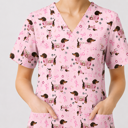Pink Dachshund Breast Cancer Scrub Top, Puppy Dog Ribbon Nurse Shirt, Wiener Support Fight Cancer Medical Uniform Gift