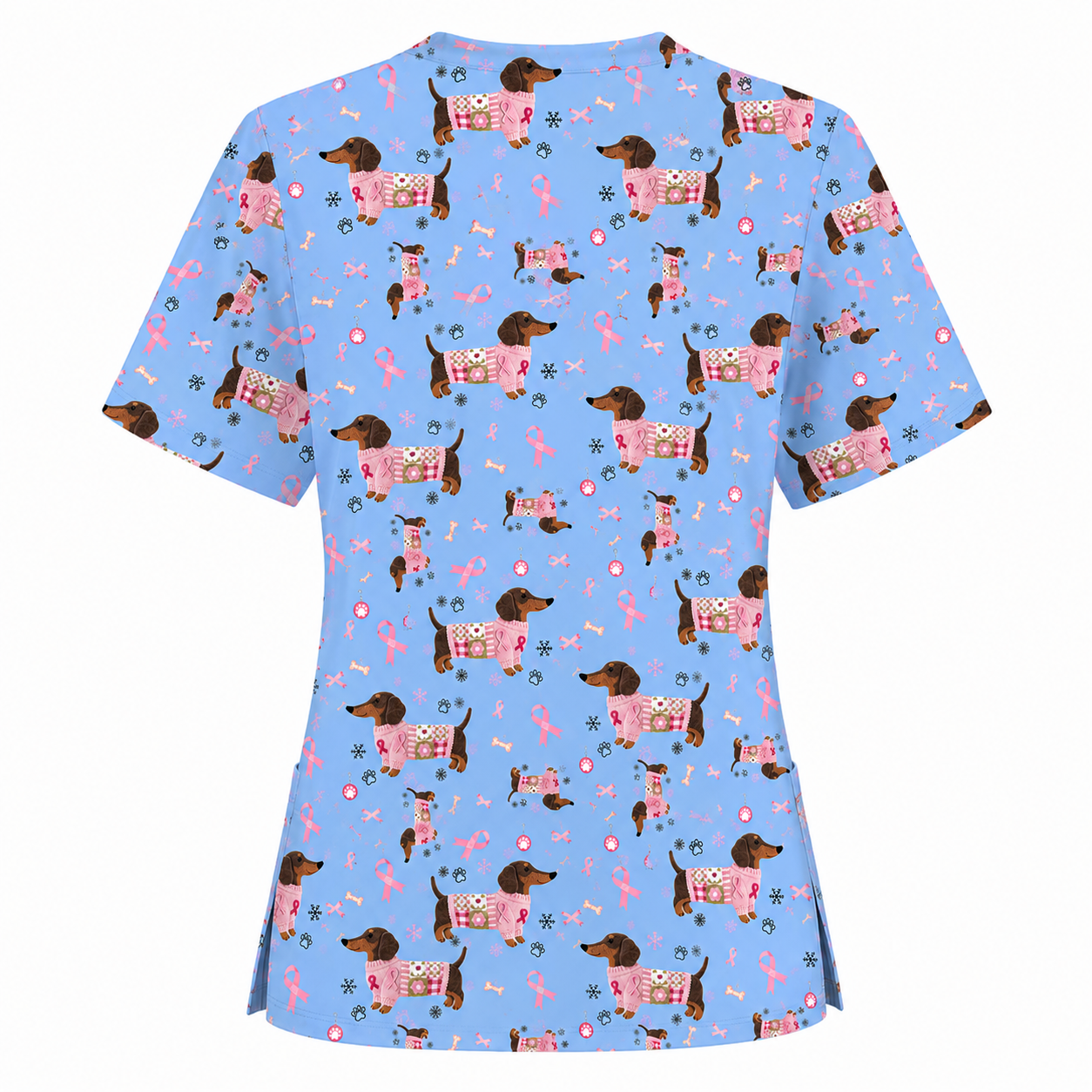 Pink Dachshund Breast Cancer Scrub Top, Puppy Dog Ribbon Nurse Shirt, Wiener Support Fight Cancer Medical Uniform Gift
