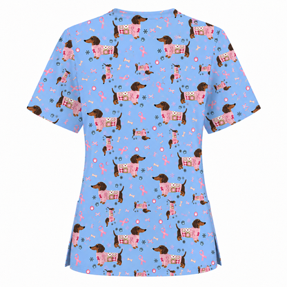 Pink Dachshund Breast Cancer Scrub Top, Puppy Dog Ribbon Nurse Shirt, Wiener Support Fight Cancer Medical Uniform Gift