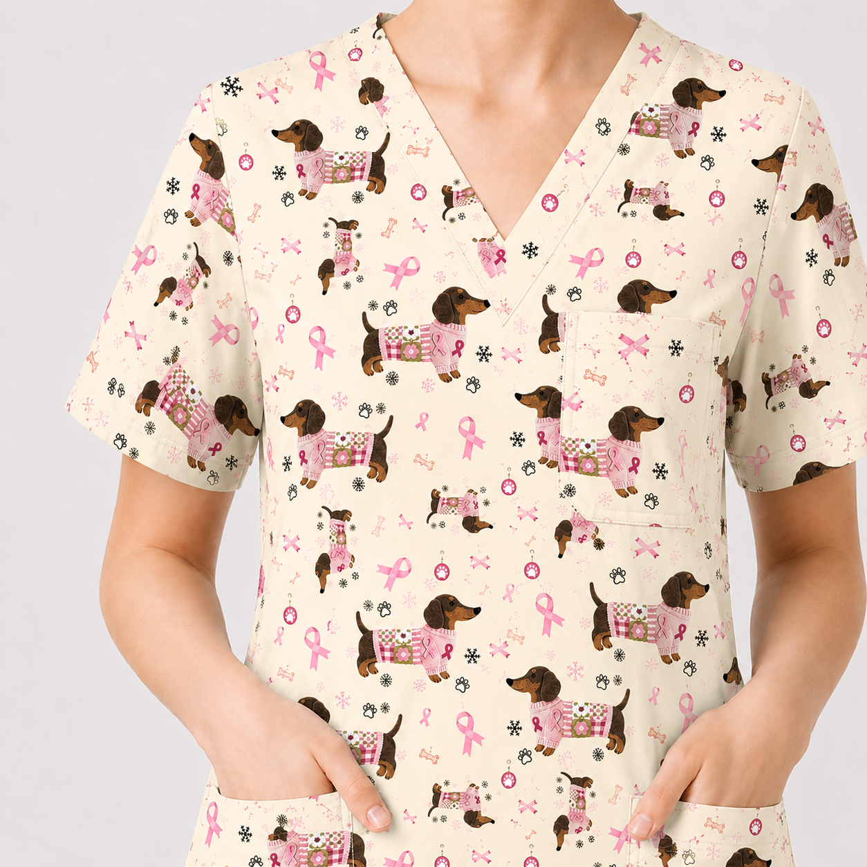 Pink Dachshund Breast Cancer Scrub Top, Puppy Dog Ribbon Nurse Shirt, Wiener Support Fight Cancer Medical Uniform Gift