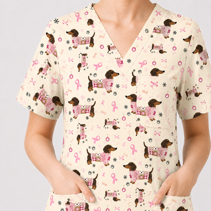 Pink Dachshund Breast Cancer Scrub Top, Puppy Dog Ribbon Nurse Shirt, Wiener Support Fight Cancer Medical Uniform Gift
