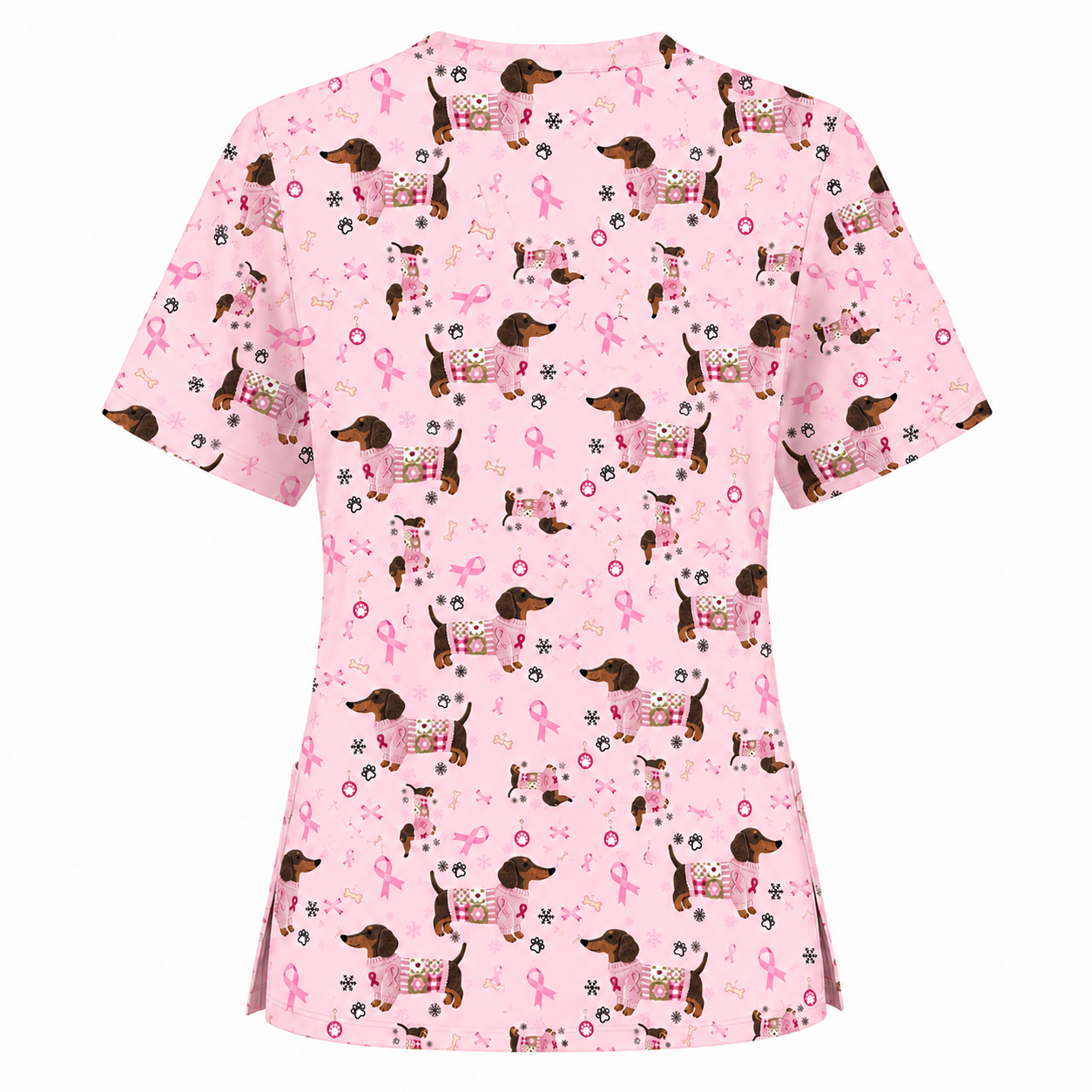 Pink Dachshund Breast Cancer Scrub Top, Puppy Dog Ribbon Nurse Shirt, Wiener Support Fight Cancer Medical Uniform Gift