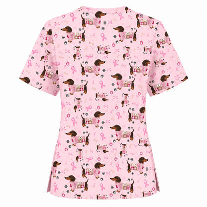 Pink Dachshund Breast Cancer Scrub Top, Puppy Dog Ribbon Nurse Shirt, Wiener Support Fight Cancer Medical Uniform Gift