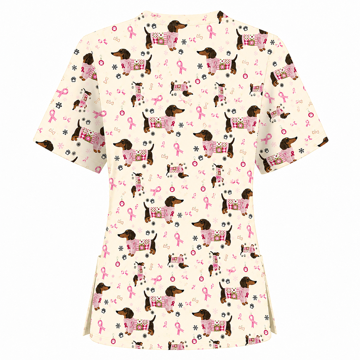 Pink Dachshund Breast Cancer Scrub Top, Puppy Dog Ribbon Nurse Shirt, Wiener Support Fight Cancer Medical Uniform Gift