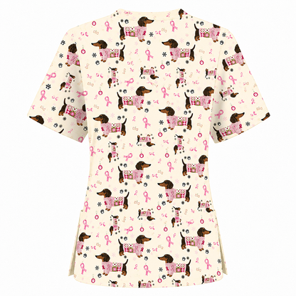 Pink Dachshund Breast Cancer Scrub Top, Puppy Dog Ribbon Nurse Shirt, Wiener Support Fight Cancer Medical Uniform Gift