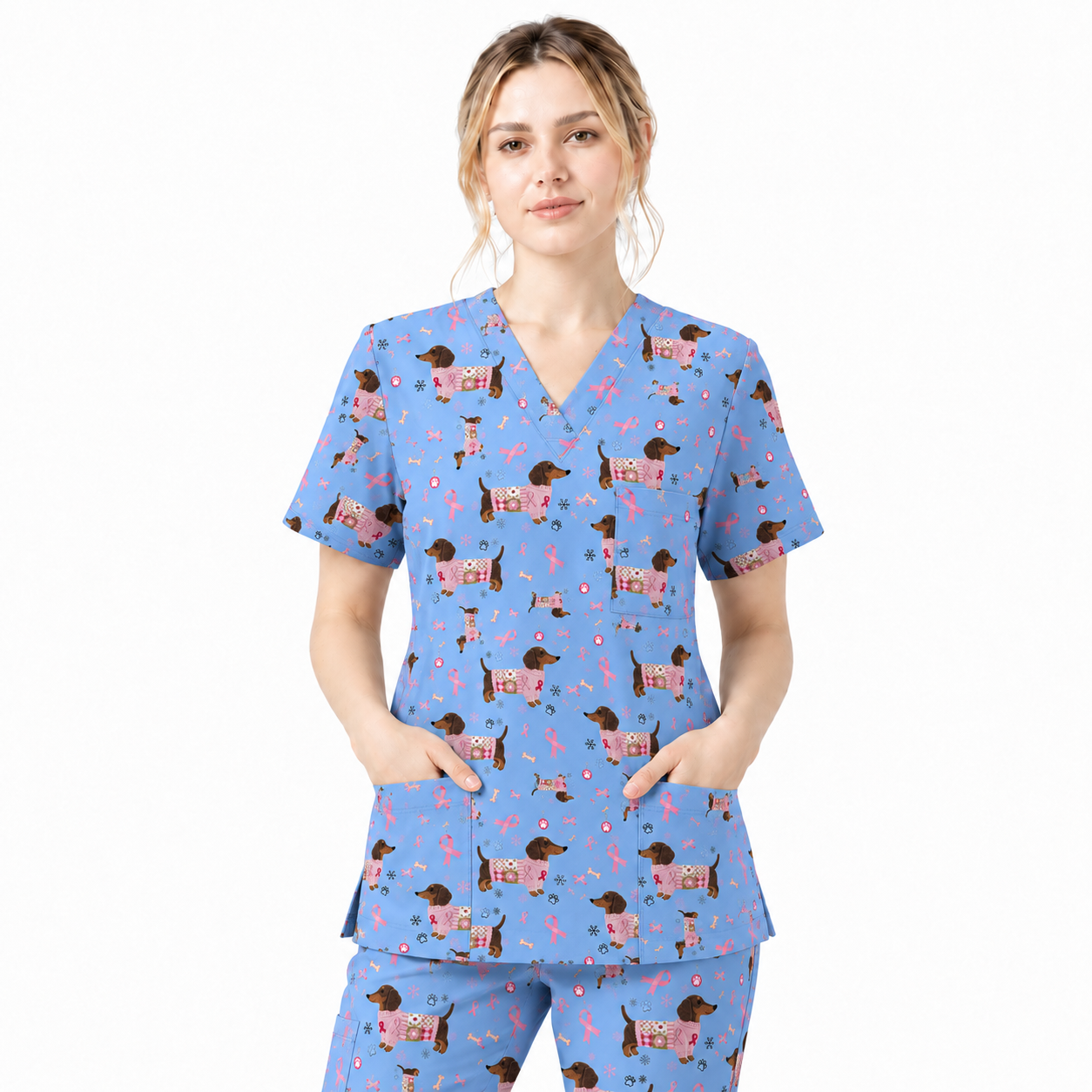 Pink Dachshund Breast Cancer Scrub Top, Puppy Dog Ribbon Nurse Shirt, Wiener Support Fight Cancer Medical Uniform Gift
