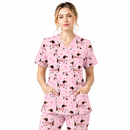 Pink Dachshund Breast Cancer Scrub Top, Puppy Dog Ribbon Nurse Shirt, Wiener Support Fight Cancer Medical Uniform Gift