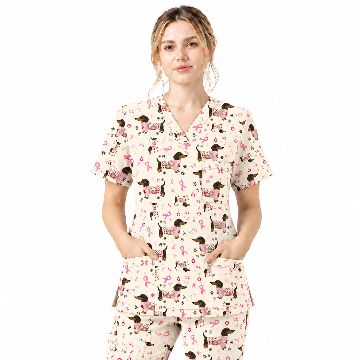 Pink Dachshund Breast Cancer Scrub Top, Puppy Dog Ribbon Nurse Shirt, Wiener Support Fight Cancer Medical Uniform Gift