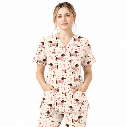 Pink Dachshund Breast Cancer Scrub Top, Puppy Dog Ribbon Nurse Shirt, Wiener Support Fight Cancer Medical Uniform Gift