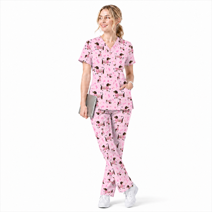 Pink Dachshund Breast Cancer Scrub Top, Puppy Dog Ribbon Nurse Shirt, Wiener Support Fight Cancer Medical Uniform Gift