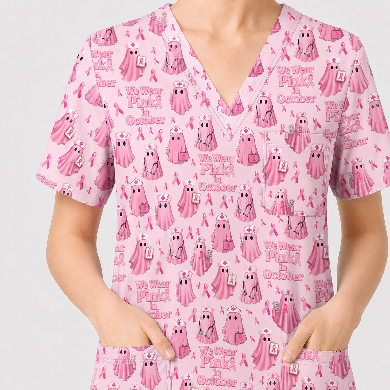 Funny Breast Cancer Awareness Scrub Top, We Wear Pink In October & Ghost Pattern Nurse Uniform, Gift for RN LPN CNA