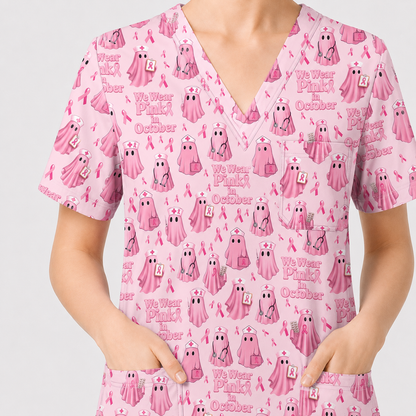 Funny Breast Cancer Awareness Scrub Top, We Wear Pink In October & Ghost Pattern Nurse Uniform, Gift for RN LPN CNA