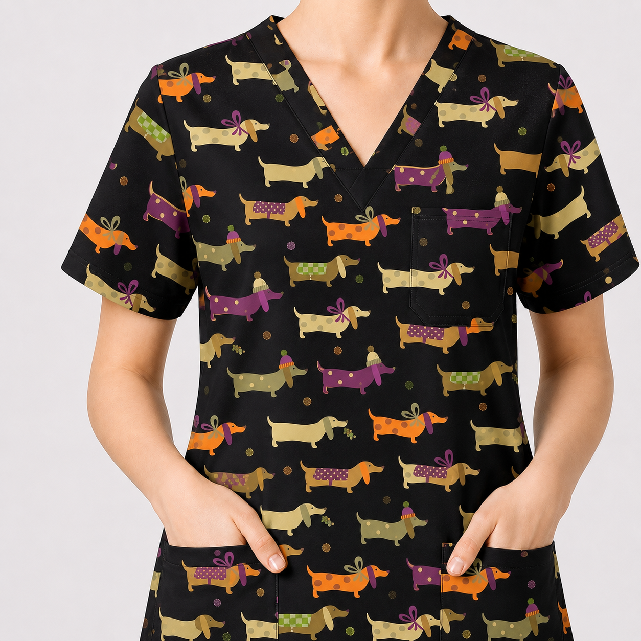 Funny Dachshund Pattern Scrub Top, Wiener Dog Nursing Scrub for Women, Breathable Veterinary Medical Uniform