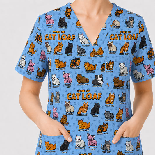 Funny Cat Loaf Scrub Top, Cute Types Of Cat Loaf Uniform For Nursing, Cat Lover Nurse Shirt Medical Uniform RN LPN CNA Gift