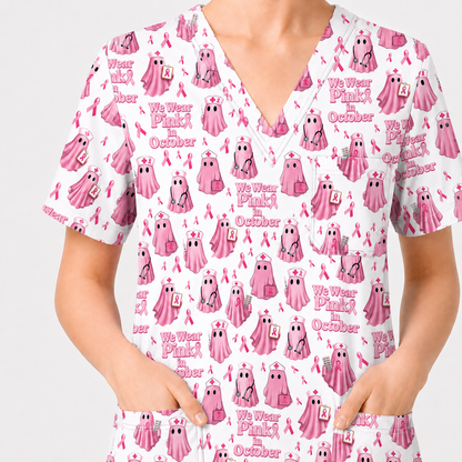 Funny Breast Cancer Awareness Scrub Top, We Wear Pink In October & Ghost Pattern Nurse Uniform, Gift for RN LPN CNA