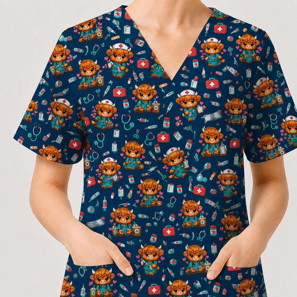 Cute Highland Cow Nurse Scrub Top, Kawaii Medical Pattern Shirt, Breathable Fabrics Nursing Uniform