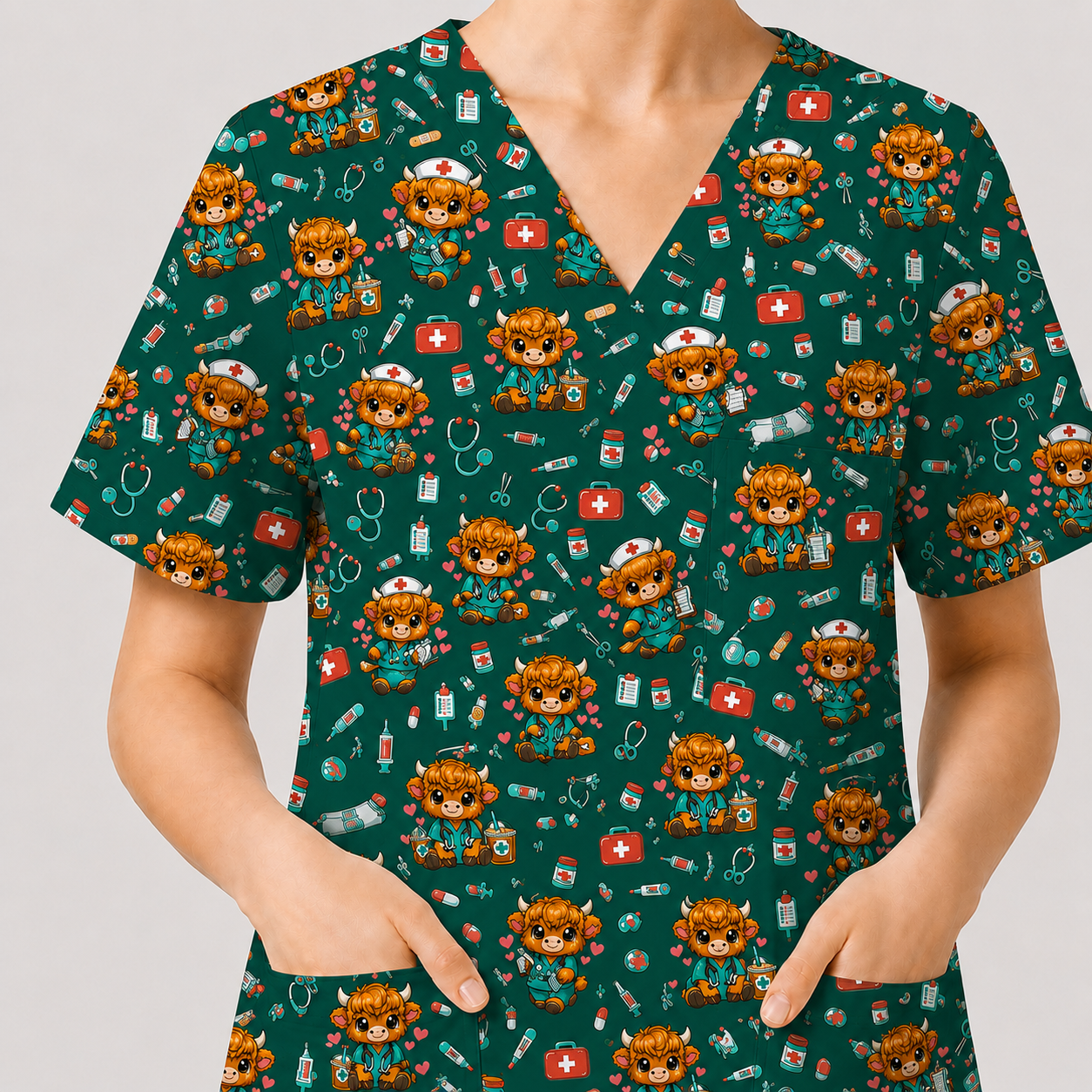 Cute Highland Cow Nurse Scrub Top, Kawaii Medical Pattern Shirt, Breathable Fabrics Nursing Uniform