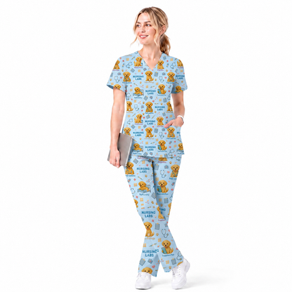 Labrador Nursing Scrub Top, Cute Dog Pattern Nurse Uniform, Comfortable Scrubs For Nurses