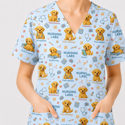 Labrador Nursing Scrub Top, Cute Dog Pattern Nurse Uniform, Comfortable Scrubs For Nurses