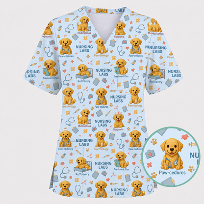 Labrador Nursing Scrub Top, Cute Dog Pattern Nurse Uniform, Comfortable Scrubs For Nurses