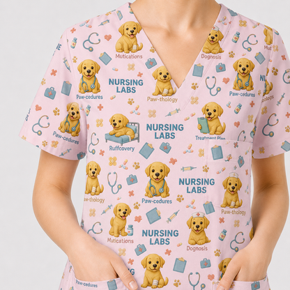 Labrador Nursing Scrub Top, Cute Dog Pattern Nurse Uniform, Comfortable Scrubs For Nurses