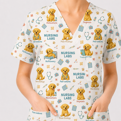 Labrador Nursing Scrub Top, Cute Dog Pattern Nurse Uniform, Comfortable Scrubs For Nurses