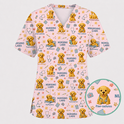 Labrador Nursing Scrub Top, Cute Dog Pattern Nurse Uniform, Comfortable Scrubs For Nurses