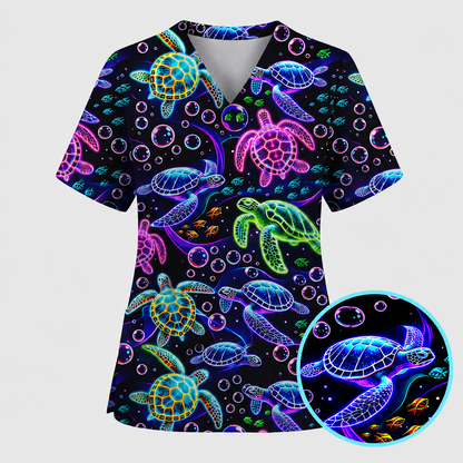 Ocean Pattern Scrub, Neon Sea Turtle Swimming Bubble Ocean Scrub Top, Breathable Fabrics Nursing Uniform