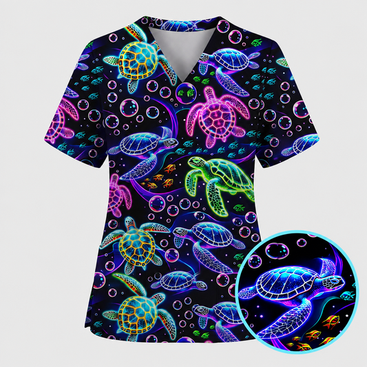 Ocean Pattern Scrub, Neon Sea Turtle Swimming Bubble Ocean Scrub Top, Breathable Fabrics Nursing Uniform