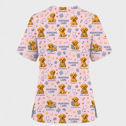Labrador Nursing Scrub Top, Cute Dog Pattern Nurse Uniform, Comfortable Scrubs For Nurses