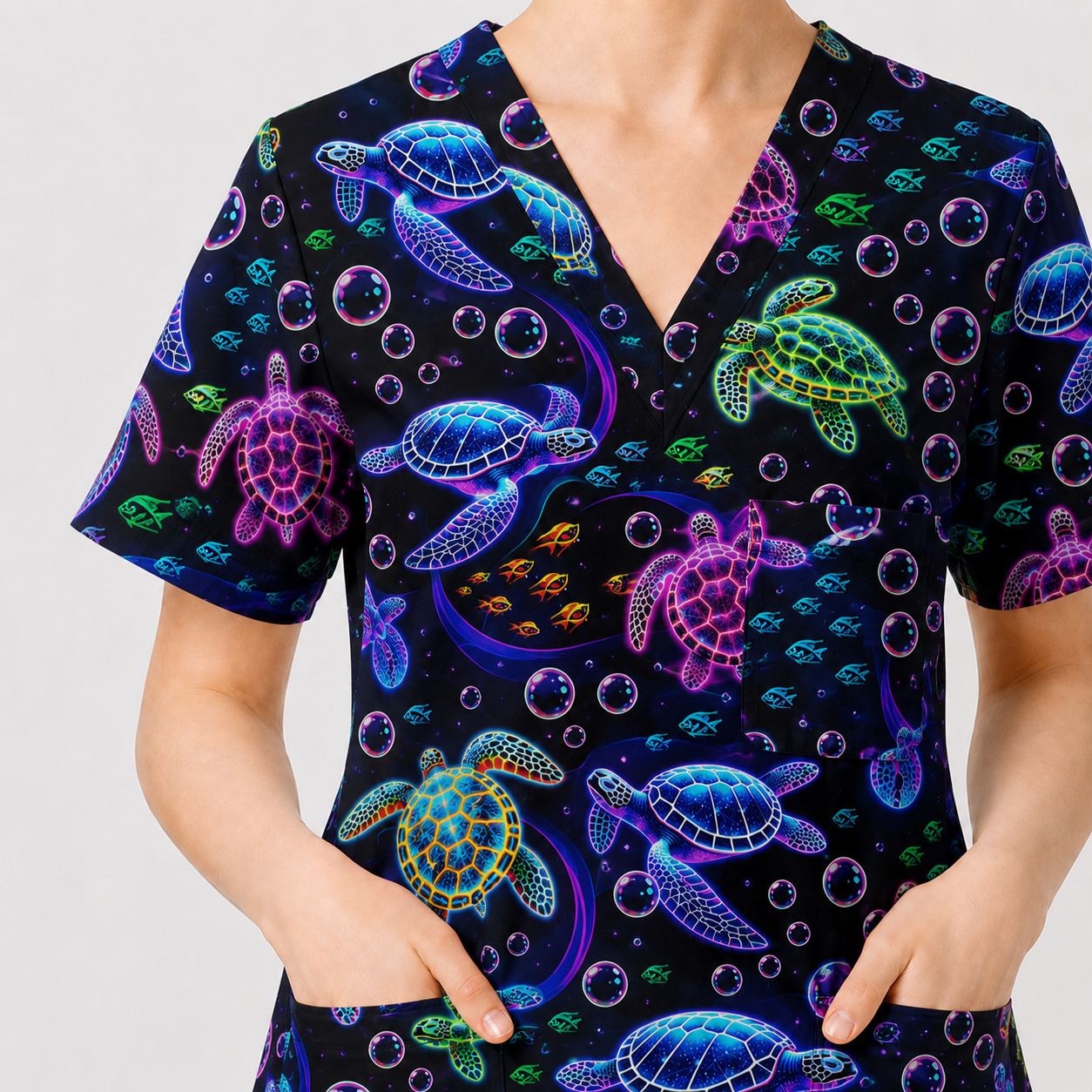 Ocean Pattern Scrub, Neon Sea Turtle Swimming Bubble Ocean Scrub Top, Breathable Fabrics Nursing Uniform