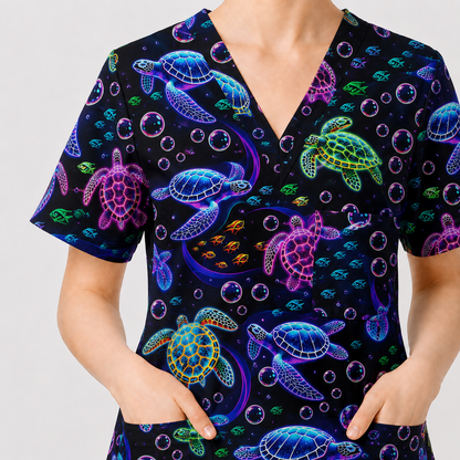 Ocean Pattern Scrub, Neon Sea Turtle Swimming Bubble Ocean Scrub Top, Breathable Fabrics Nursing Uniform