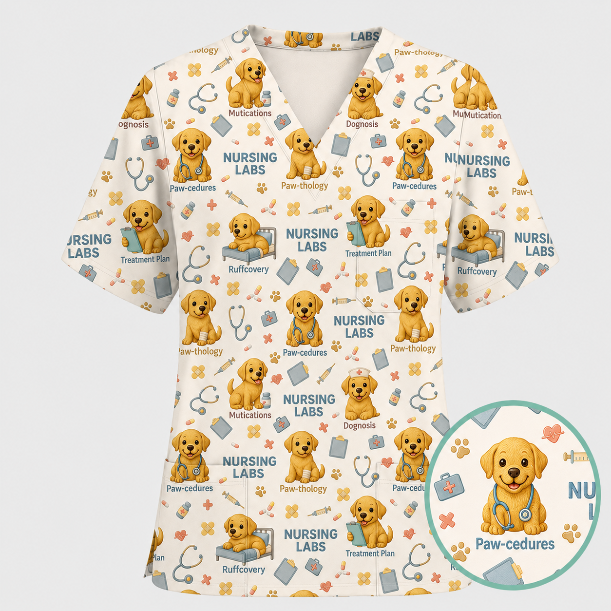 Labrador Nursing Scrub Top, Cute Dog Pattern Nurse Uniform, Comfortable Scrubs For Nurses