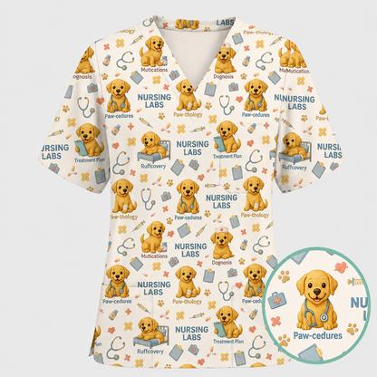 Labrador Nursing Scrub Top, Cute Dog Pattern Nurse Uniform, Comfortable Scrubs For Nurses