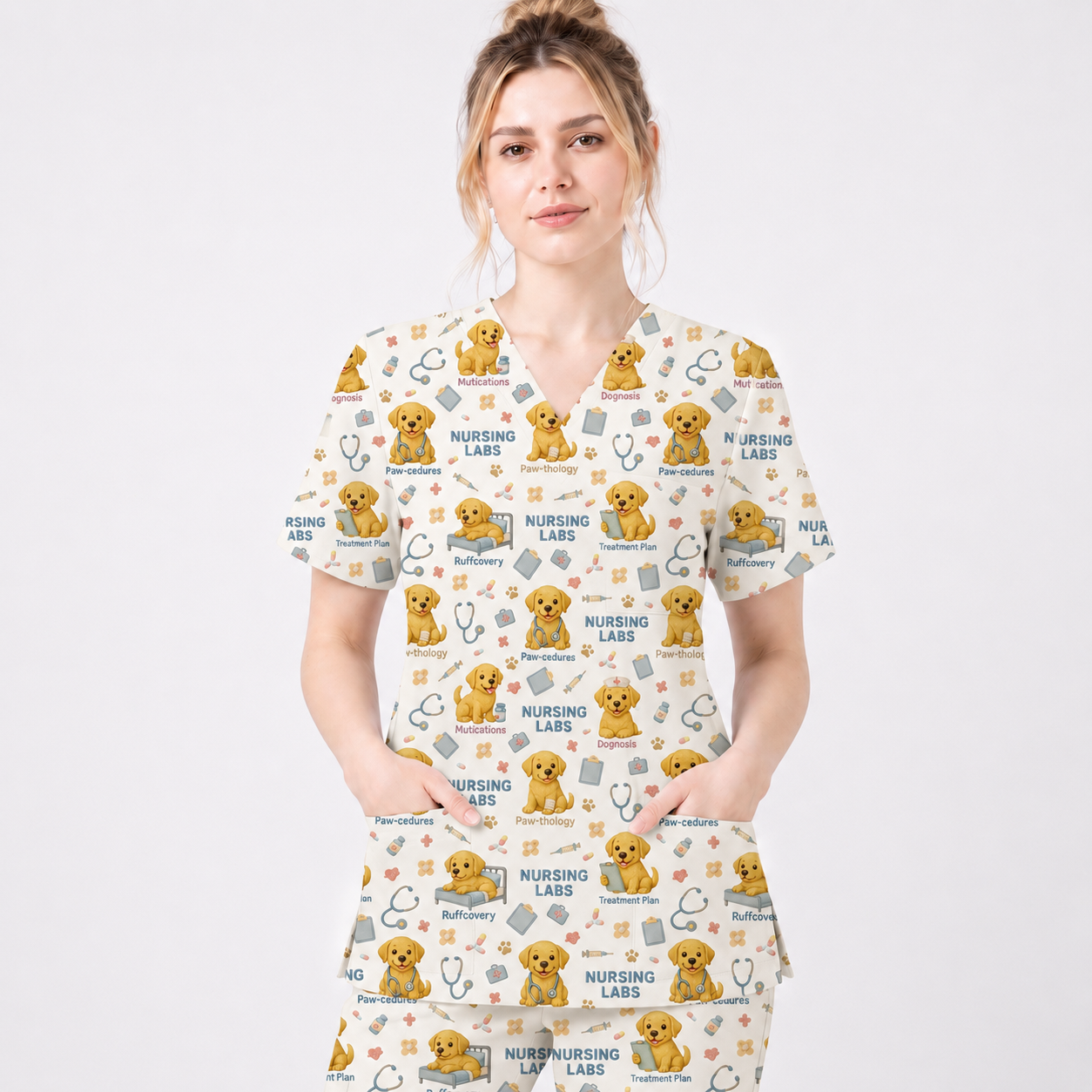 Labrador Nursing Scrub Top, Cute Dog Pattern Nurse Uniform, Comfortable Scrubs For Nurses