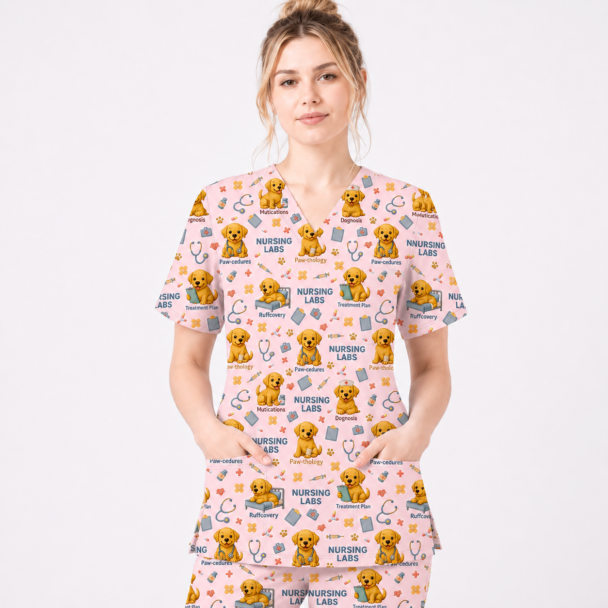 Labrador Nursing Scrub Top, Cute Dog Pattern Nurse Uniform, Comfortable Scrubs For Nurses