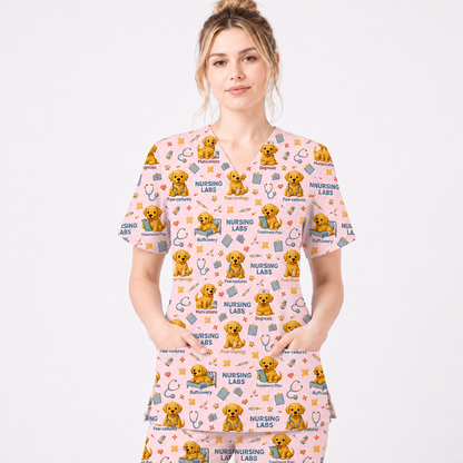 Labrador Nursing Scrub Top, Cute Dog Pattern Nurse Uniform, Comfortable Scrubs For Nurses