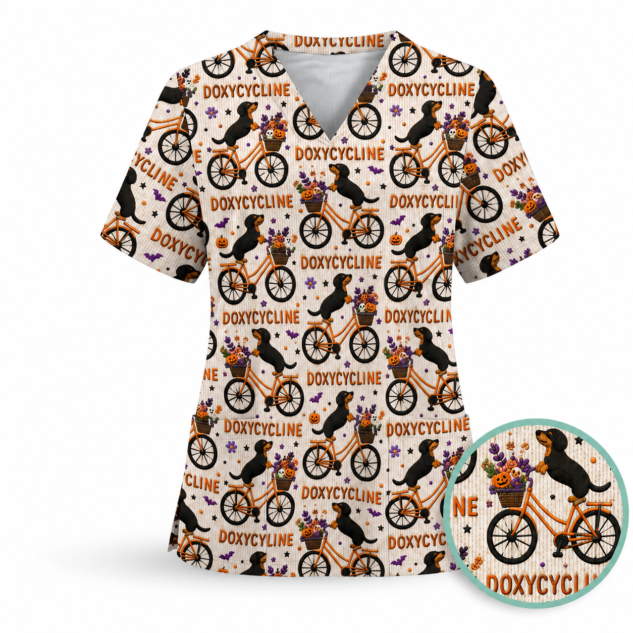 Funny Wiener Dog Pattern Scrub, Halloween Dachshund with Doxycycline Bike Scrub Top, Breathable Fabrics Nursing Uniform