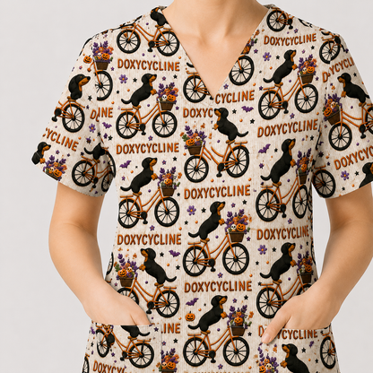 Funny Wiener Dog Pattern Scrub, Halloween Dachshund with Doxycycline Bike Scrub Top, Breathable Fabrics Nursing Uniform