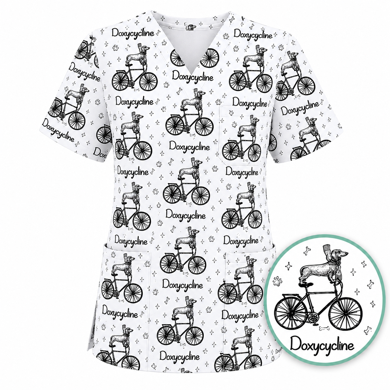 Funny Doxycycline Dog Bicycle Print Scrub Top, Comfortable Scrubs For Nurses, Dog Lover Nurse Shirt Medical Uniform RN LPN CNA Gift