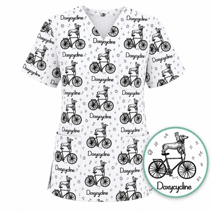 Funny Doxycycline Dog Bicycle Print Scrub Top, Comfortable Scrubs For Nurses, Dog Lover Nurse Shirt Medical Uniform RN LPN CNA Gift