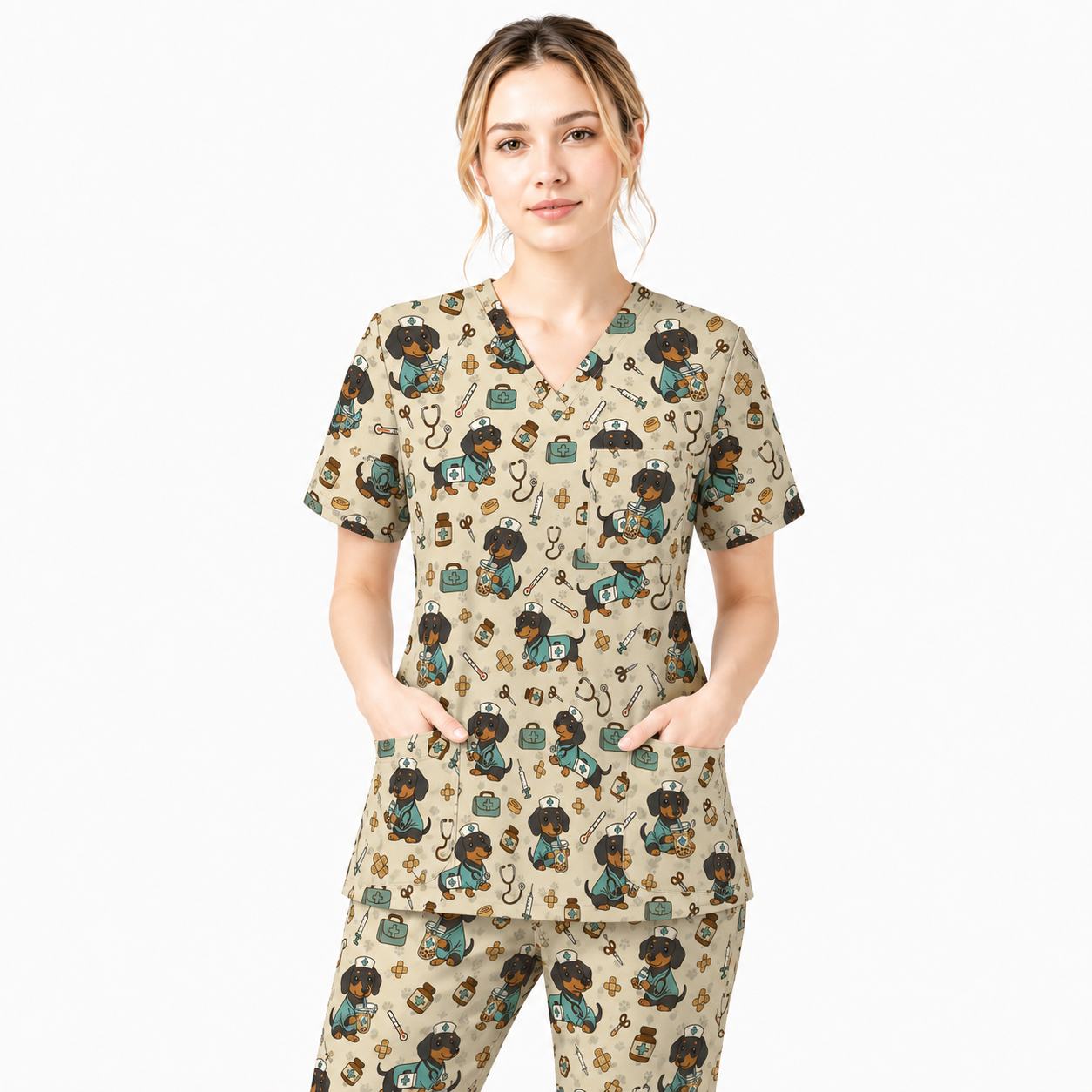 Funny Dachshund Pattern Medical Shirt Nursing, Cute Wiener Dog Nurse Scrub Top, Breathable Med Uniform, RN CNA Doctor Scrubs