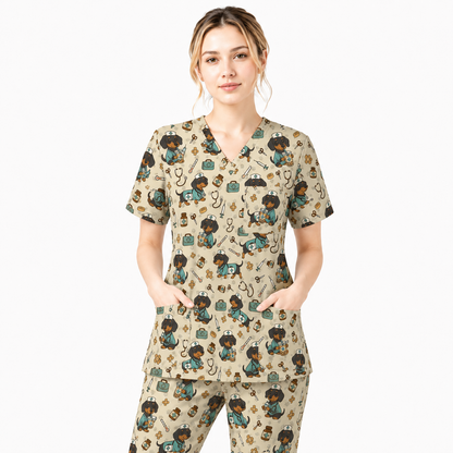 Funny Dachshund Pattern Medical Shirt Nursing, Cute Wiener Dog Nurse Scrub Top, Breathable Med Uniform, RN CNA Doctor Scrubs